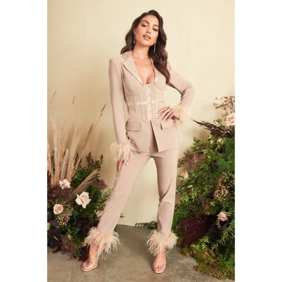 LAVISH ALICE SHEER CORSET JACKET AND TROUSERS WITH FEATHER TRIM